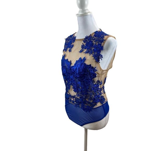CQ by CQ Brand Sheer and‎ Royal Blue Floral Appliqué Bodysuit Size Small - Picture 9 of 10